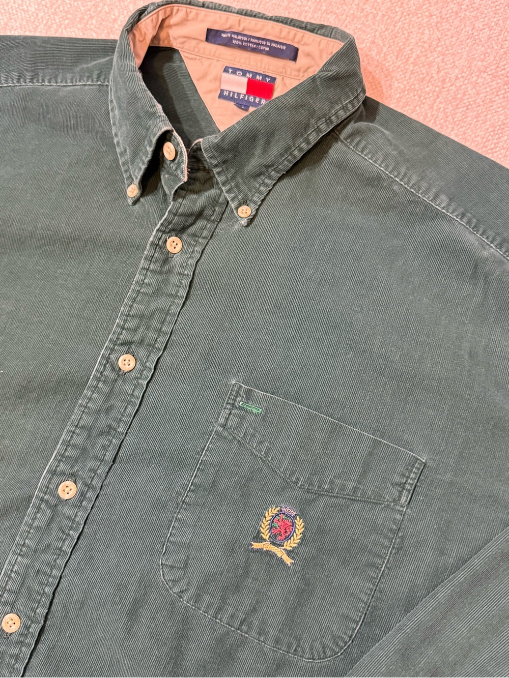 Vintage Tommy Hilfiger XL Green Corduroy Shirt Crest 90s Y2K Preppy